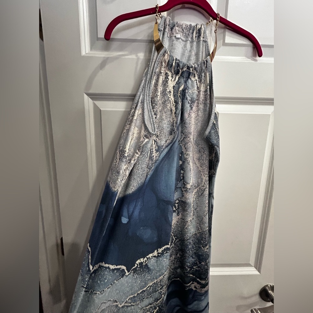 Sleeveless Marble-Print Blue Maxi Dress
